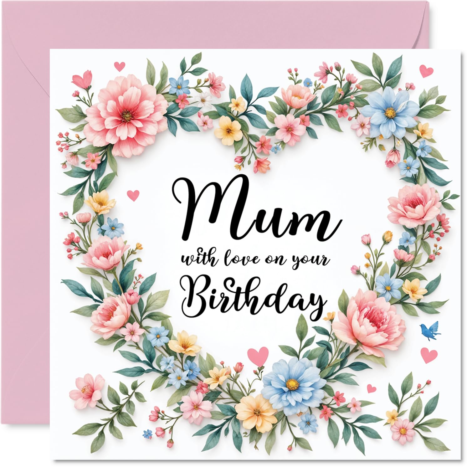 Mum Birthday Card - Flower Heart Wreath - Happy Birthday Card for Mum from Son Daughter, 145mm Flower Heart Wreath Bday Greeting Cards