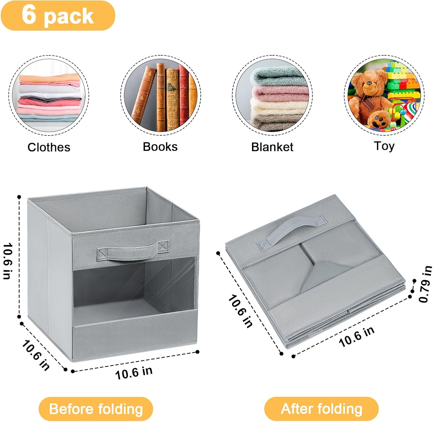 DIMJ Storage Cubes, 6 Pack Foldable Bins for Organization, 11 Inch Cube Storage Bin, Storage Baskets for Shelves, Versatile Closet Organizer for Clothes, Toys, Books (Grey)