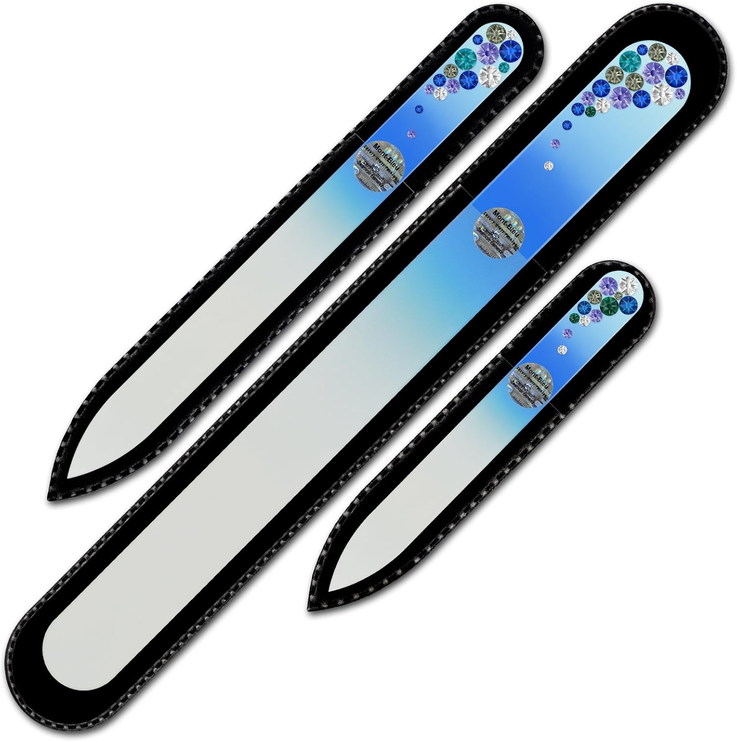 Mont Bleu Set of 3 Glass Nail Files Hand Decorated with Crystals - Handmade Gifts - Czech Tempered Glass - Enjoy a Professional Smooth Finish - Washable Nail Files