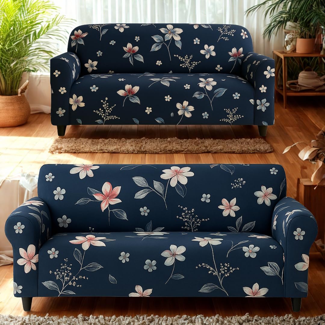 Homerz Premium 5 (3+2) Seater Universal Elastic fit Sofa Cover Fully Covered, Non-Slip Sticky Elastic Stretchable Sofa Set Slipcover Protector (Blue Floral, 5 (3+2) Seater)