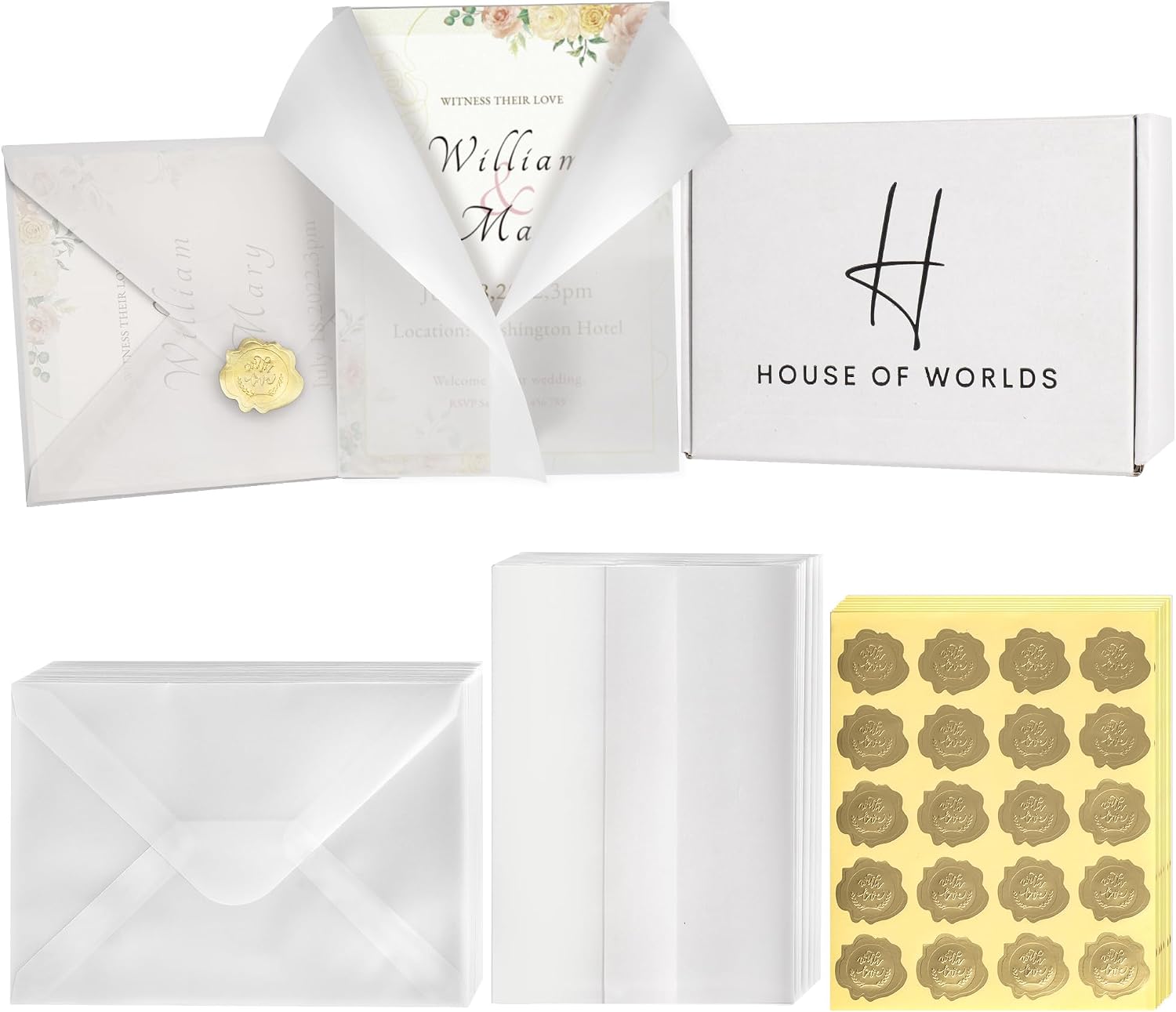 300 Pack Vellum Jackets for 5x7 Invitations Set includes: 100 Jackets, 100 Vellum Envelopes and 100 seal stickers. Wedding Invitation Accessories Kit. Easy to use Pre Folded Invitation Sleeves