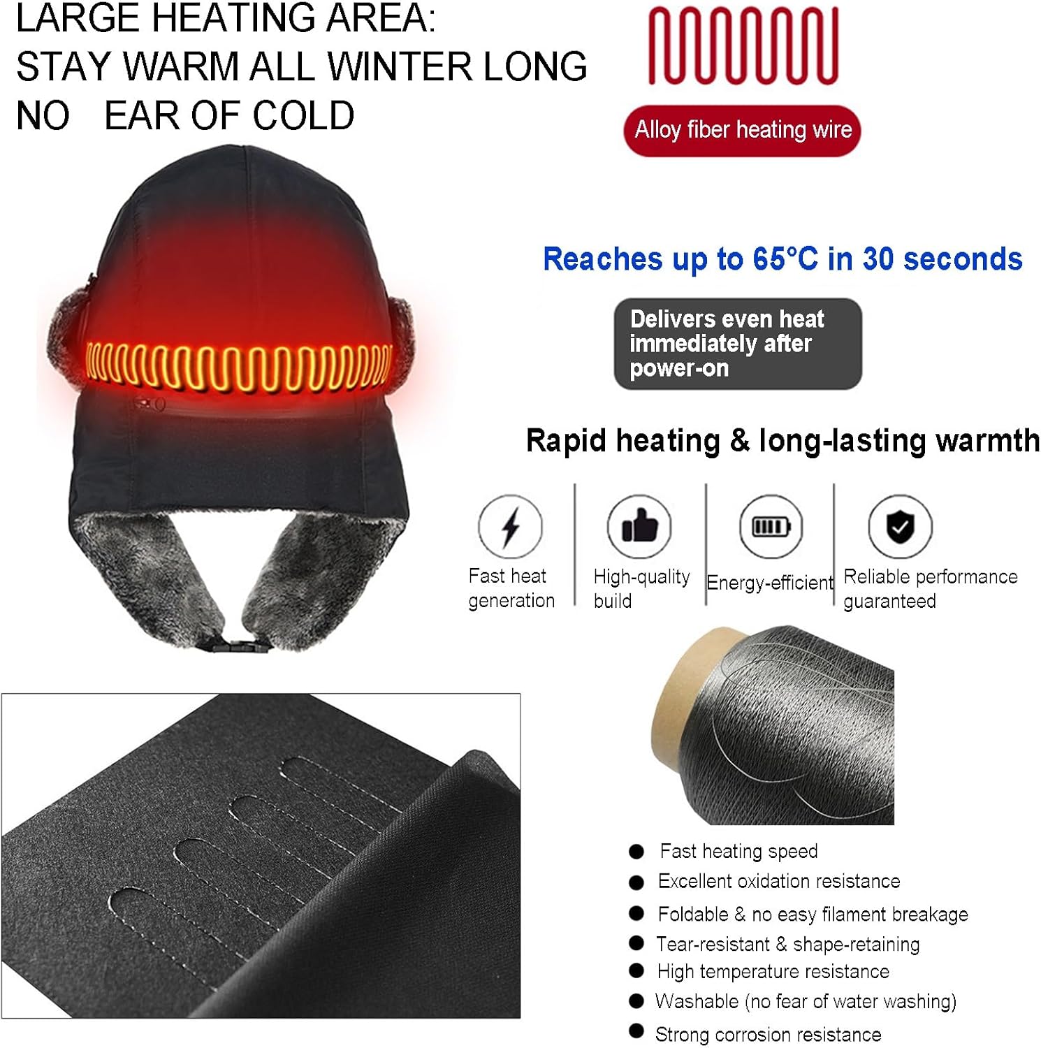 Heated Trapper Hat, Bomber Hat with Ear Flaps, Winter Russian Hats, 3-Level Heating, Warm Winter Hats