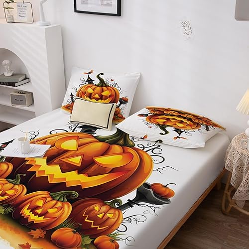 Miniatura 148 de Sábanas de Halloween tamaño individual – Juego de sábanas espeluznantes de calabaza murciélago para niños y niñas, juego de sábanas temáticas
