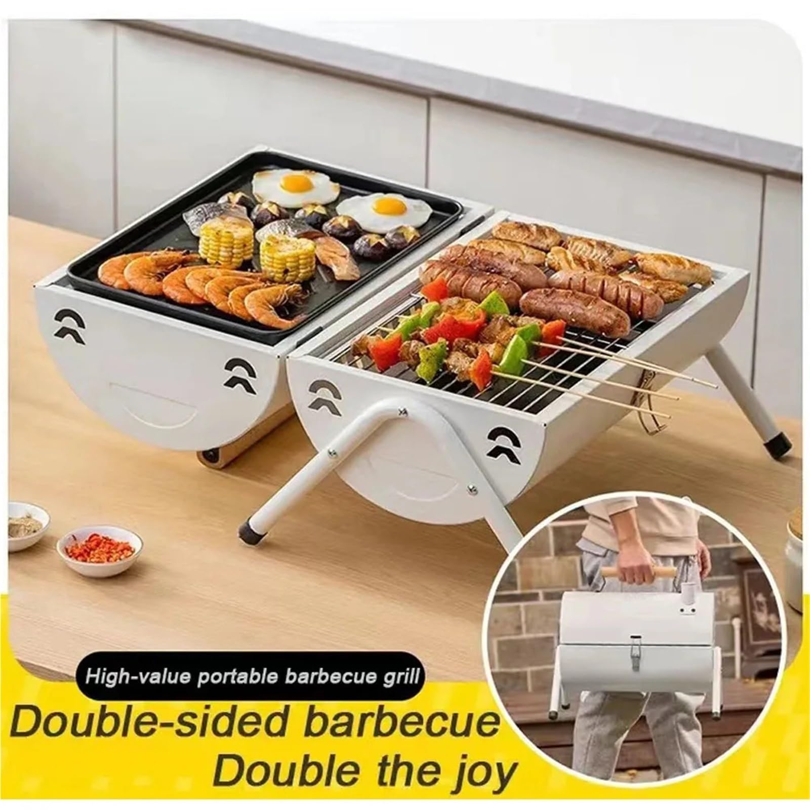 Barbecue portatile a carbonella da tavolo per esterni, piccola griglia per barbecue per cucinare all'aperto, cortile, campeggio, picnic, spiaggia (bianco)