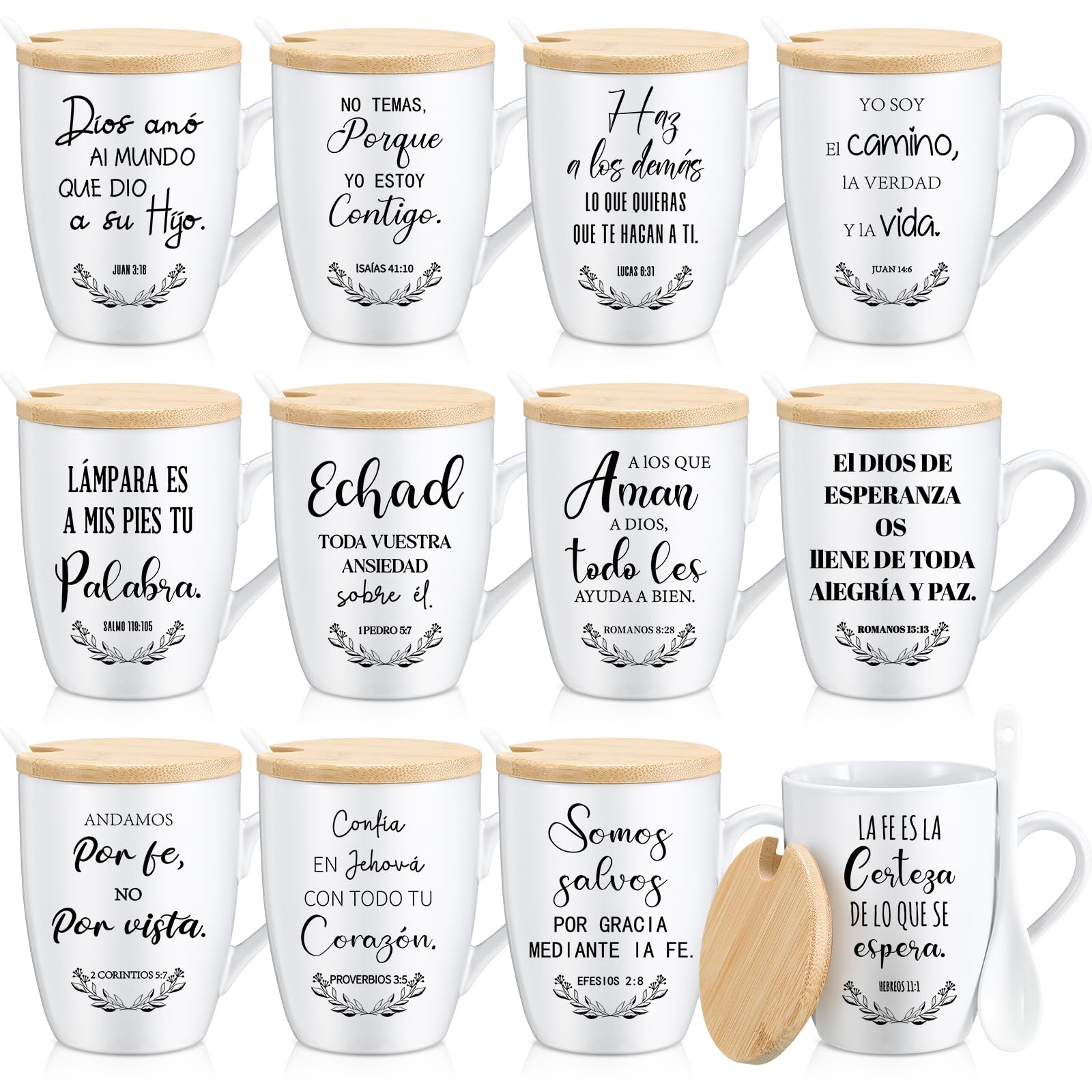 Patelai 12 Set Christian Gifts for Fathers Day Bible Verse Mugs Bulk 12oz Inspirational Religious Ceramic Coffee Mug with Lid Handle Spoon for Sunday School Church Men Women Coworker(Spanish)