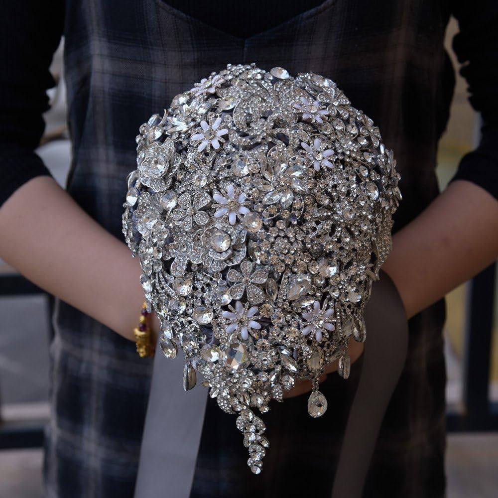 FYSTORE Customize Grey Brooch Bouquet high-end Custom Wedding Bridal Bouquets Crystal Diamond Teardrop Style Bride 's Bouquet Wedding Decoration