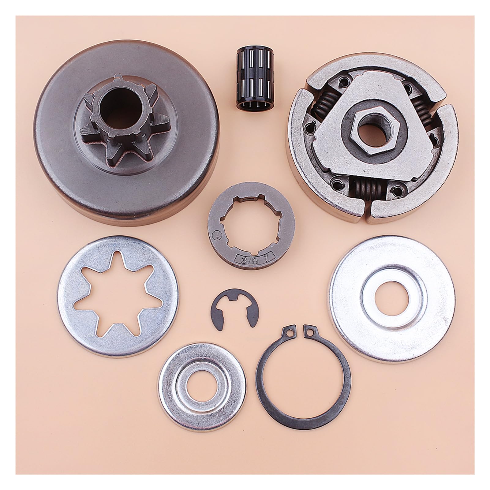 1 zestaw 3/8" 7T zębatki bębna sprzęgła do piły łańcuchowej Stihl MS380 038 z łożyskiem igiełkowym, podkładką E-Clip, naprawczy, wymiana części