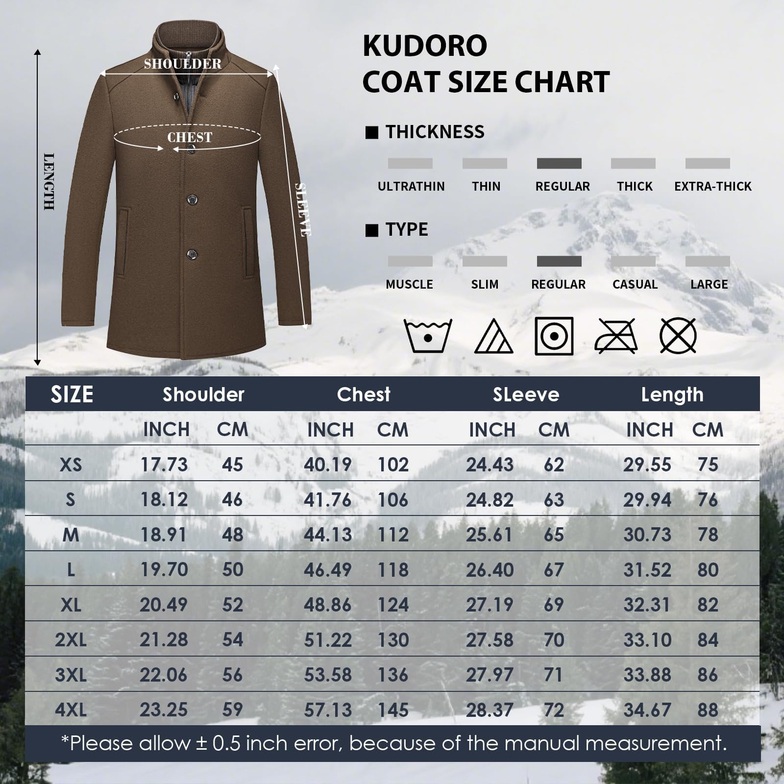 KUDORO Cappotto invernale da uomo, in lana, lunghezza media, con colletto alto, slim fit, per lavoro, tempo libero, peacoat casual