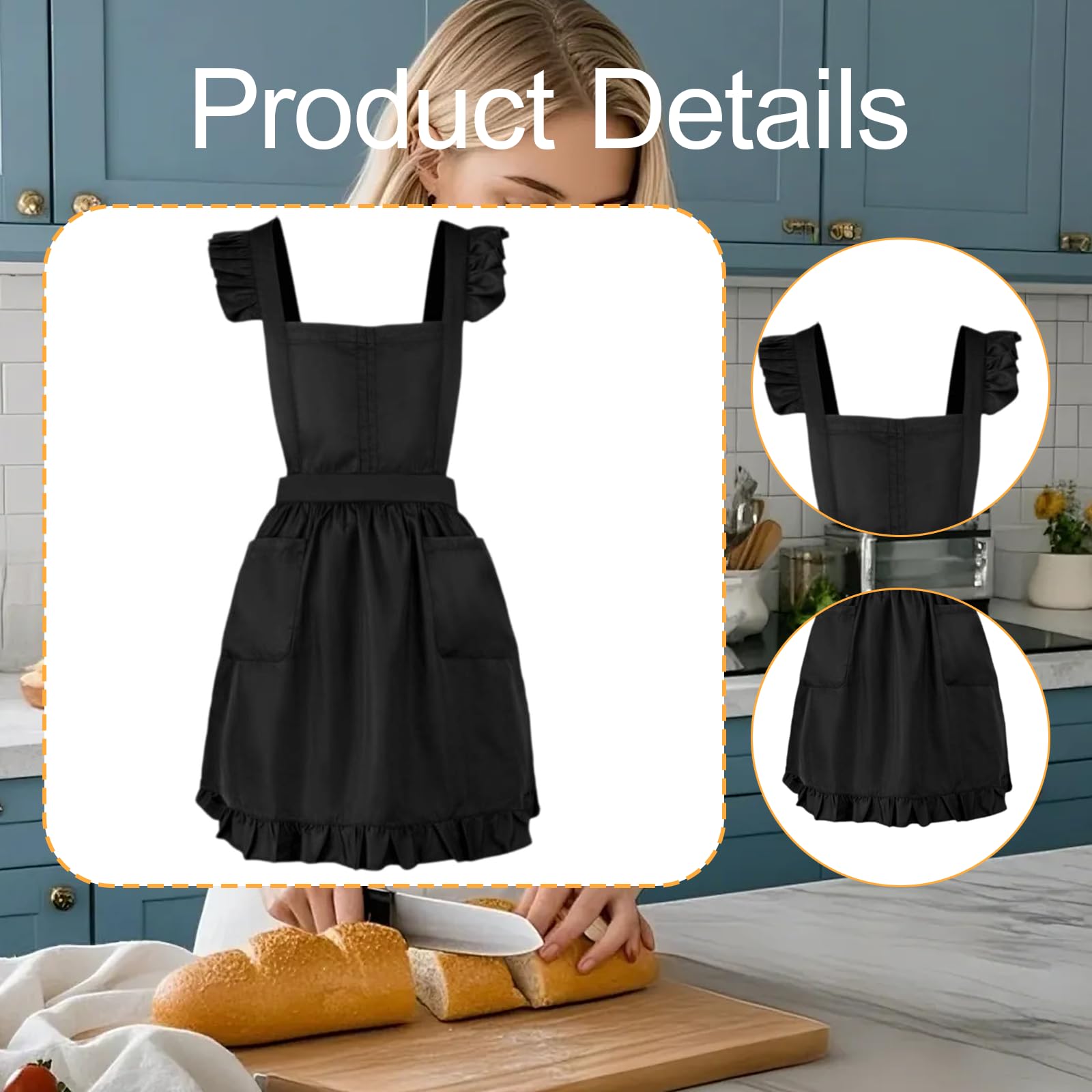 Grembiule retrò con volant regolabile per la casa per ragazze e donne, cucina, cottura, travestimento, cosplay, costume con tasche anteriori, Nero