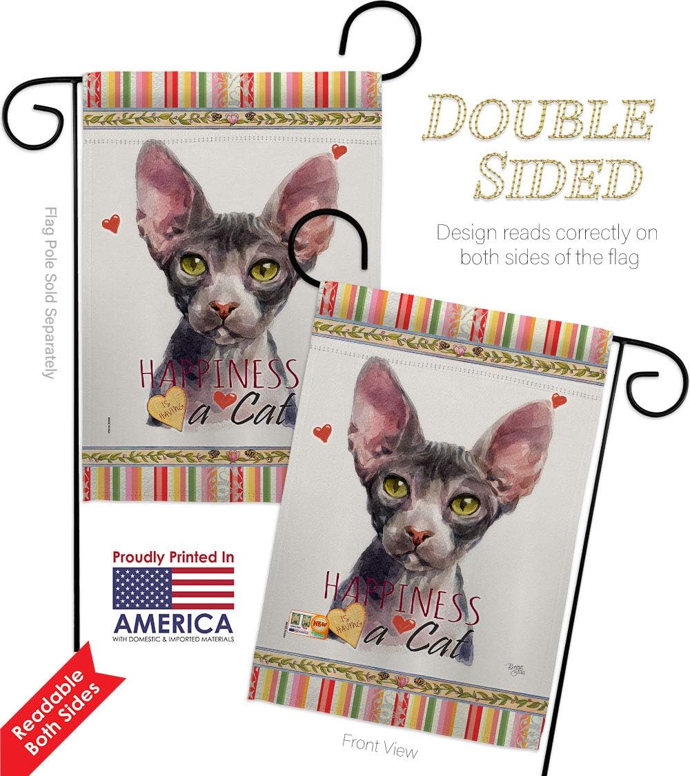 Sphynx Happiness Garden Flag Set with Stand Animals Cat Kitten Meow Spoiled Paw Fur Pet Nature Farm Animal Creature Small Decorative Gift Yard House Banner Double-Sided Made In USA 13 X 18.5