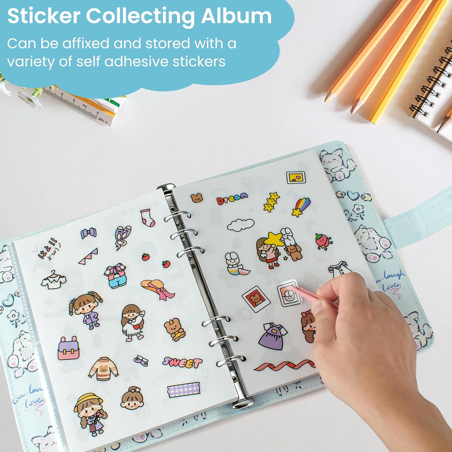 Reusable Sticker Book Collecting,A5 Binder Album Storage Organizer with Blank Release Paper and Pocket for Adult Kids,Cartoon Leather Binder Cover & Magnetic Buckle Closure(Blue)