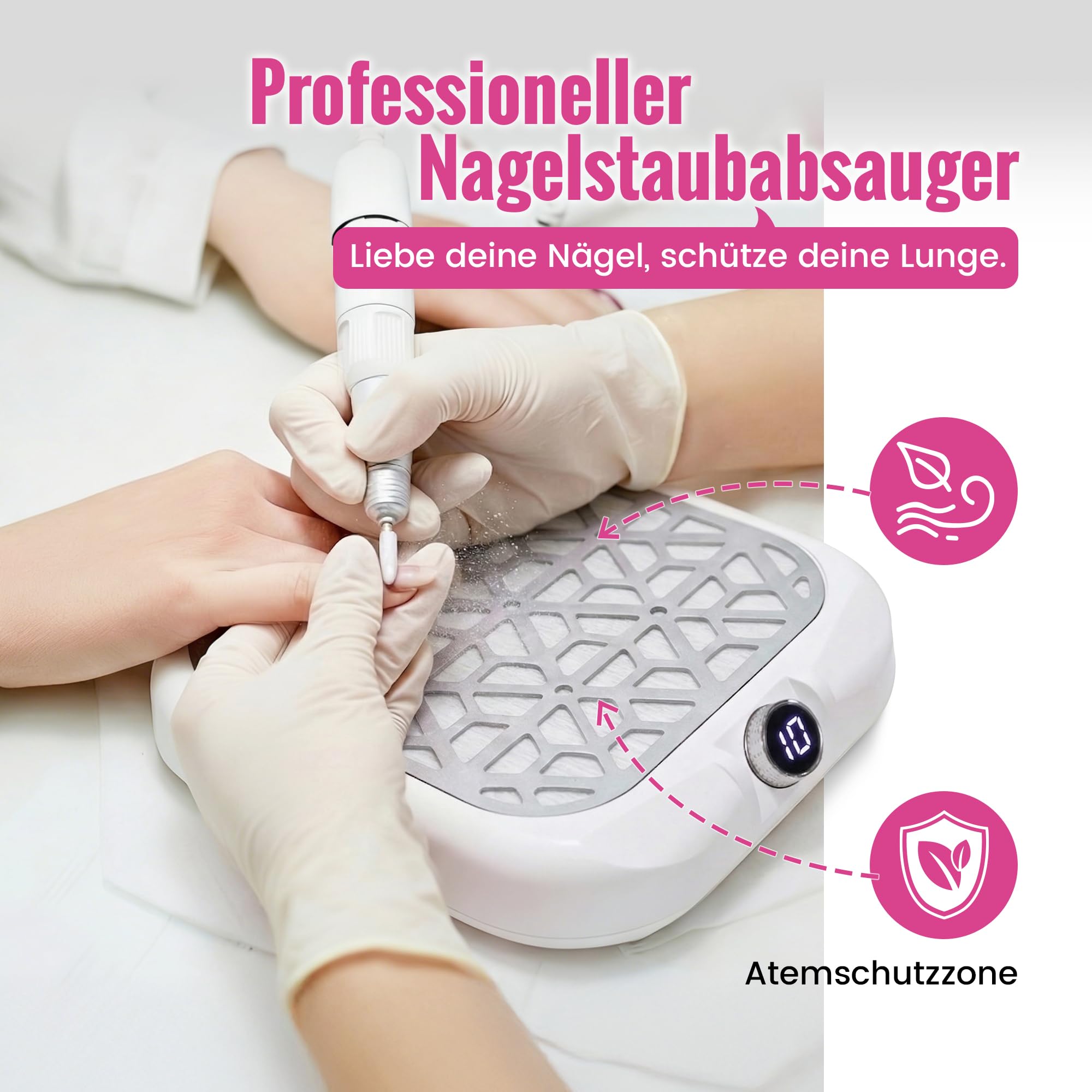 Nagelstaubsauger – Staubabsaugung für Nägel mit LED-Display, 10 Saugstufen, inkl. 30 Filterpapiere – Leiser Turbomotor, kompakte Nagel Staubabsaugung für Anfänger und Profis
