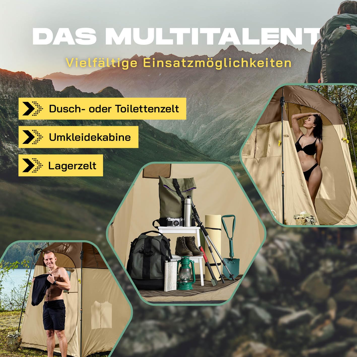 LUMALAND Tente de Douche de qualité supérieure + Douche de Camping avec Batterie - Idéal pour Le Camping, Les Festivals et la pêche - Imperméable et Coupe-Vent - Tente de Toilette pour l'intérieur et