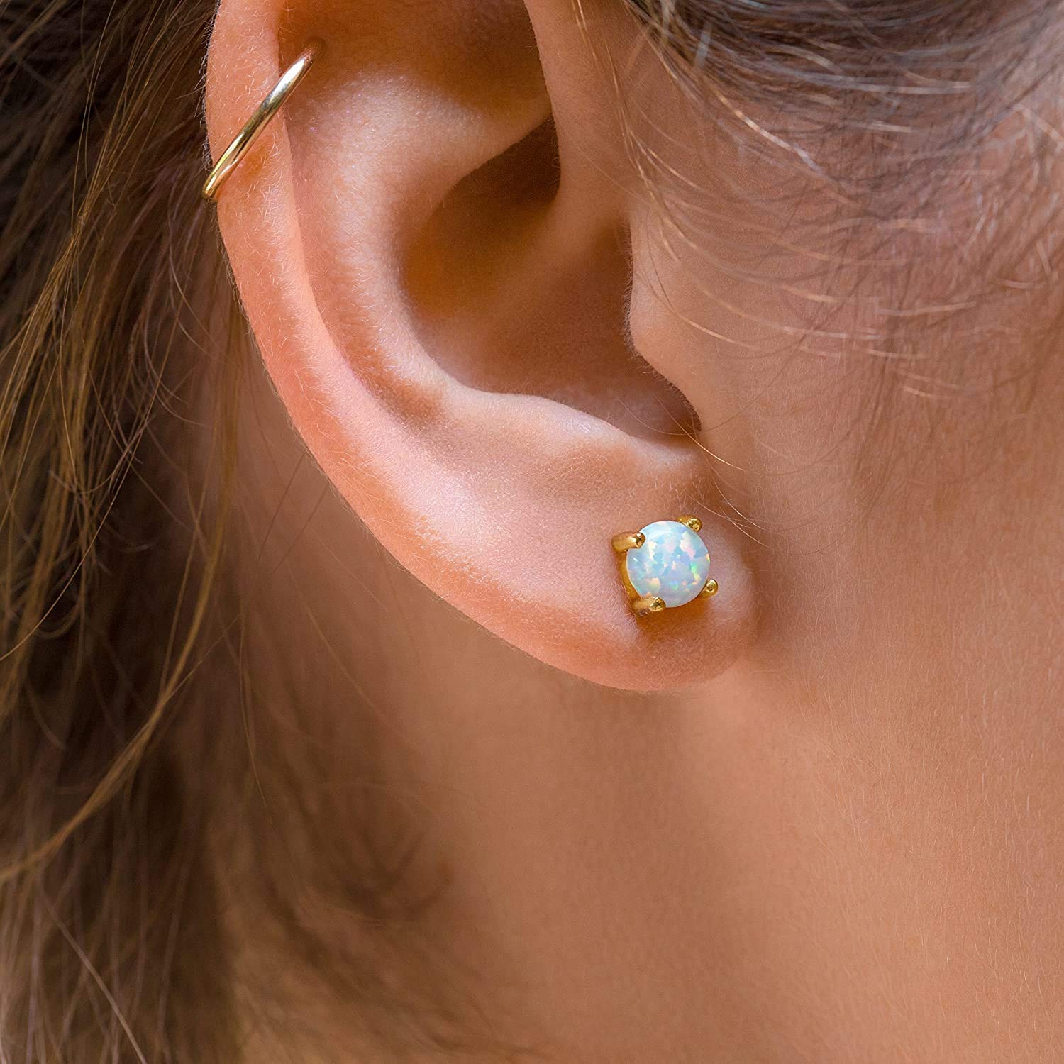 HMJGDHX 14K Gelbgold gefüllter Sterlingsilber 3/4/5/6MM Feueropal-Edelstein-Ohrstecker für Damen und Herren, Farbe Weiß - Blau - Rosa - Grün - Schwarz