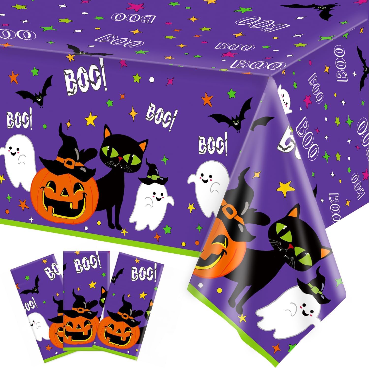 3 Pcs Halloween Tablecloth, Large Bats & Pumpkin Disposable Plastic Table Covers for Indoor Outdoor Halloween Decorations, 54x108 inch