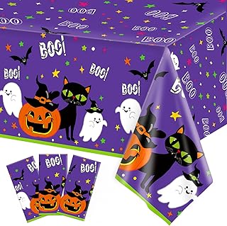 3 Pcs Halloween Tablecloth Large Disposable Plastic Table Covers for Halloween Parties, Bats and Pumpkins Plastic Table Cloth for Indoor Outdoor Halloween Decorations, 54x108 inch
