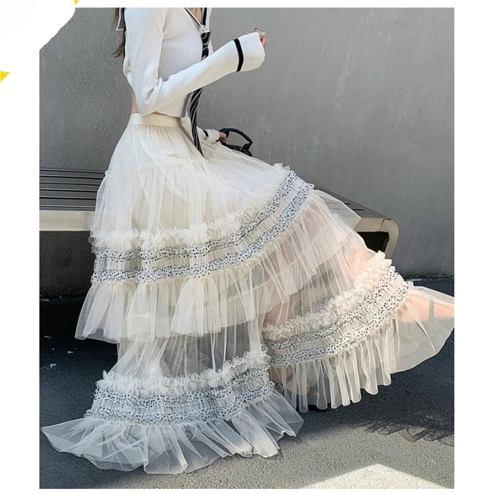 Princess Cute Sheer Mesh Long Maxi Gonne Donne romantiche | Gonne lunghe lunghe Donne romantiche con volant Una linea di tulle in pizzo a vita alta svasata Maxi gonne dolci