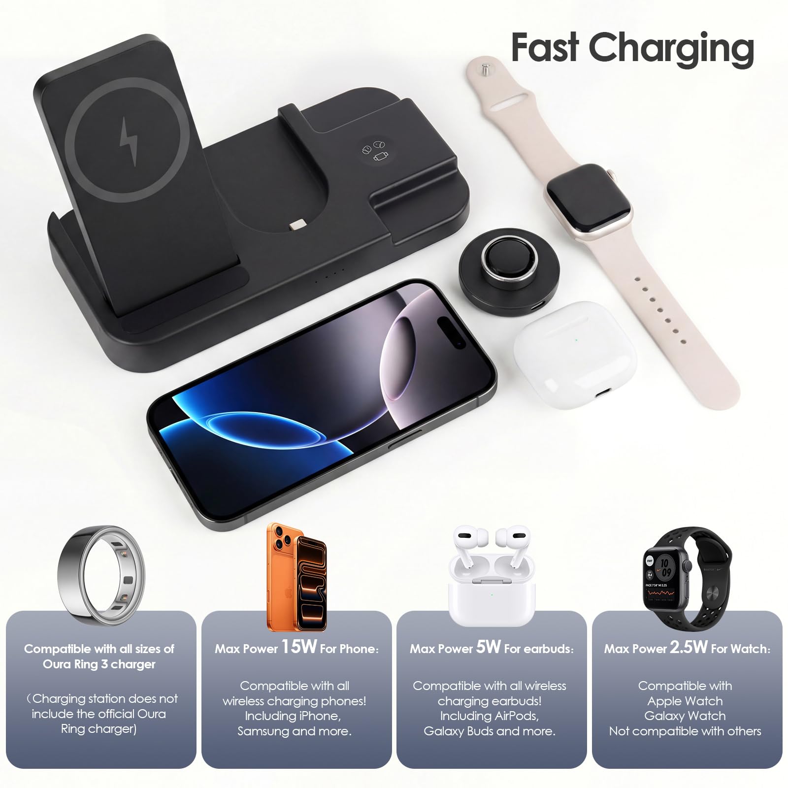 Estación de carga 4 en 1 para cargador Oura Ring Gen 3 (cargador de anillo Oura no incluido), cargador rápido de 15 W para iPhone, Apple Watch, AirPods, cargador magnético inalámbrico para