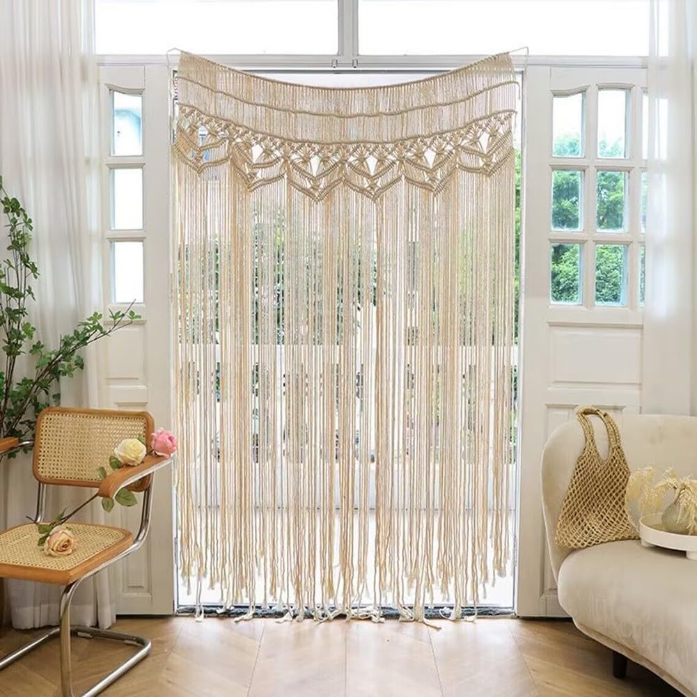 Rideau de porte en corde de coton fait à la main - Tapisserie macramé - Tenture murale pour toile de fond de mariage - Décoration d'intérieur - Beige - 110 x 180