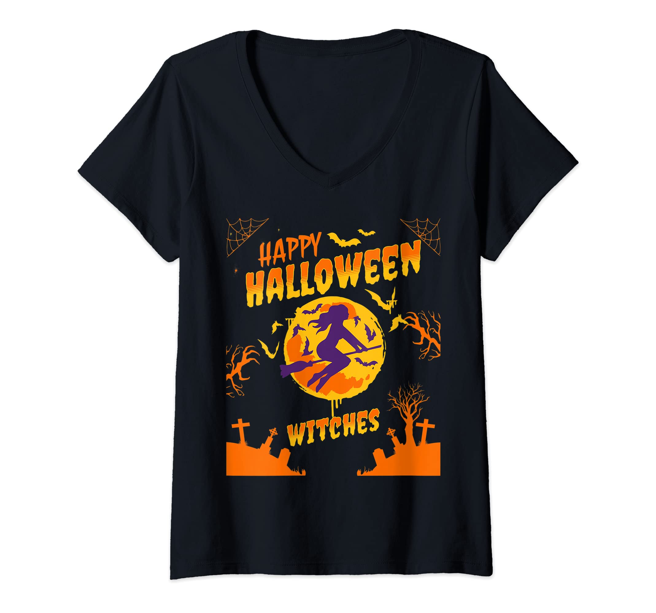 Womens Happy Halloween Witches Costume Flying Witch Graveyard Tee V-Neck T-Shirt