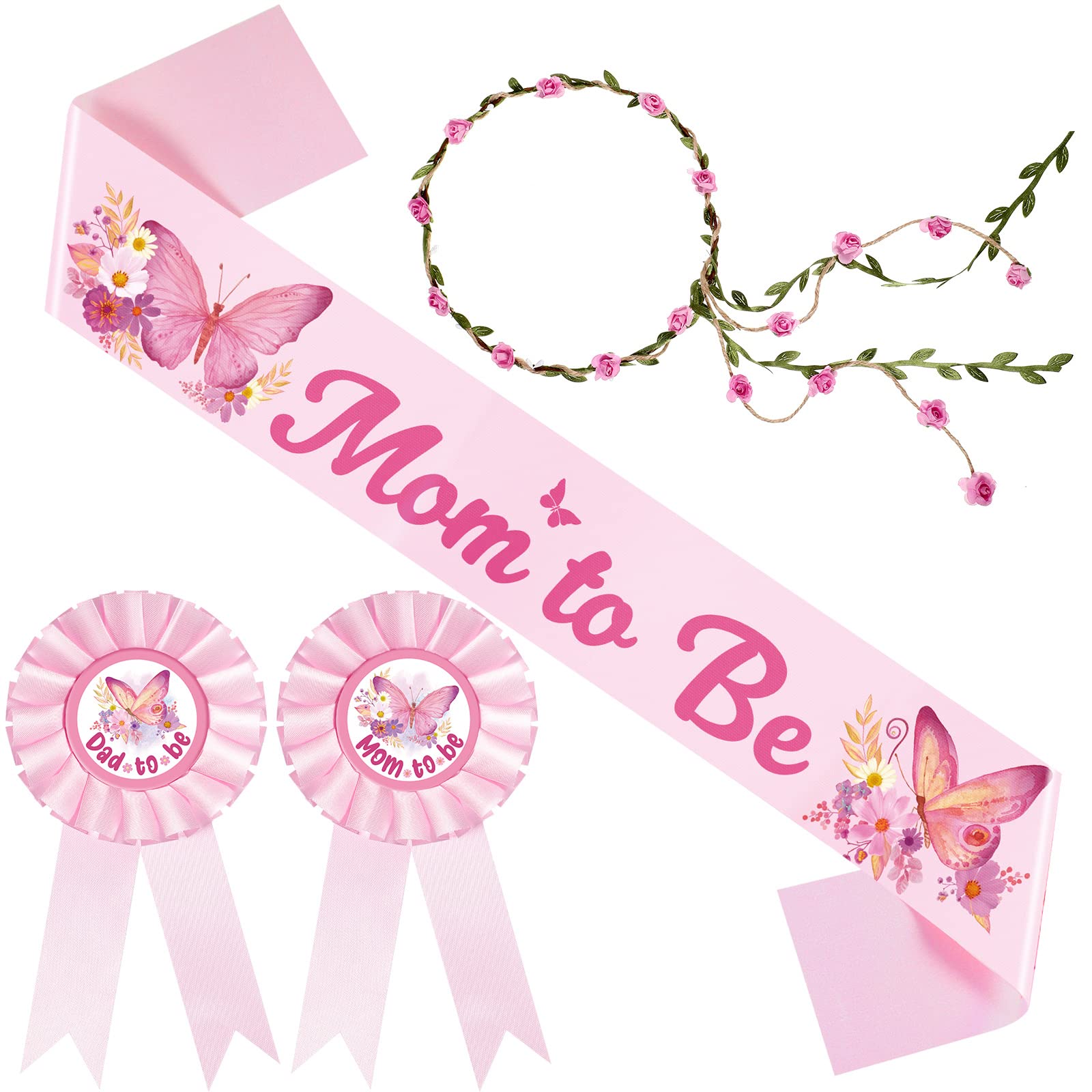 Butterfly Theme Mom to Be Sash Baby Shower Dad to Be Pin and Pink Flower Crown Headband for Gender Reveals Party Baby Shower Party Favors Decorations