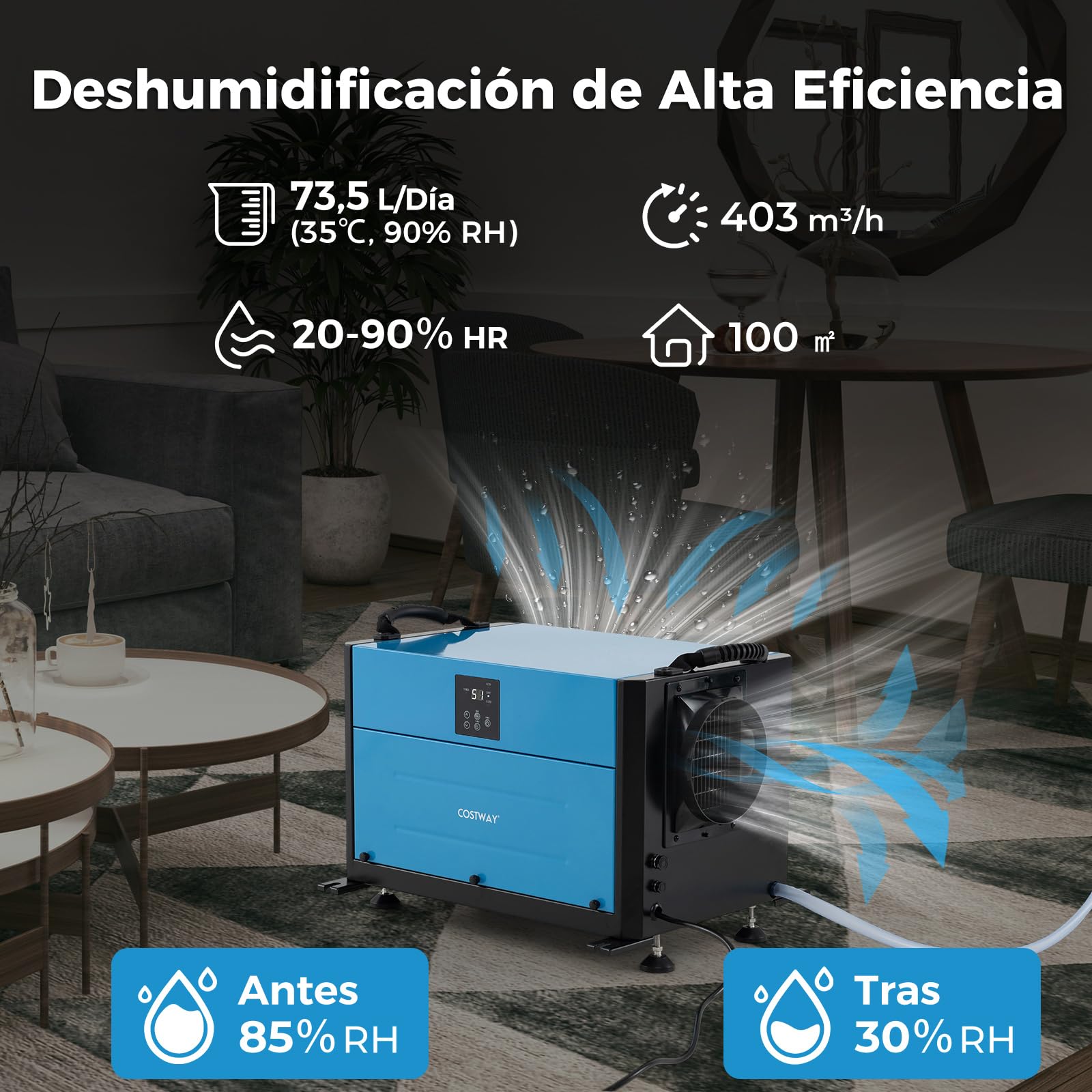 COSTWAY Deshumidificador Industrial de 73,5 L/Día, Deshumificadores de Humedad Silencioso con 3 Modos y Temporizador de 24H, Manguera de Drenaje y Descongelación Automática, Azul