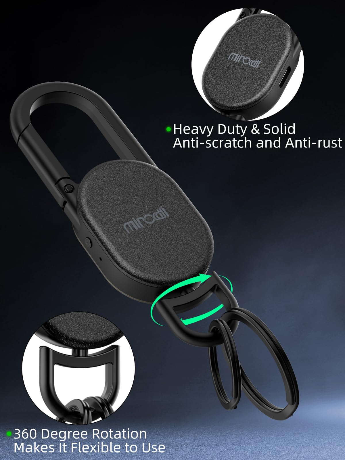 Miroddi Llavero con rastreador de llaves, llavero para hombre, funciona con Find My App (solo iOS), mosquetón con buscador de llaves GPS, dispositivo de seguimiento de llavero de coche, rastreador de