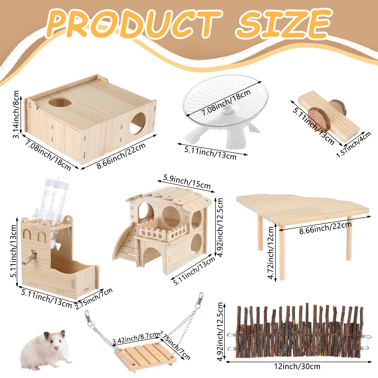 Hamsterspielzeug Komplettset - Geräuschloses lautloses Laufrad, Labyrinth-Holzhaus, Ständer, Kauspielzeug & Wasserflaschenkäfig-Zubehör für Hamster, Ratten, Mäuse, Kleintier-Lebensraum