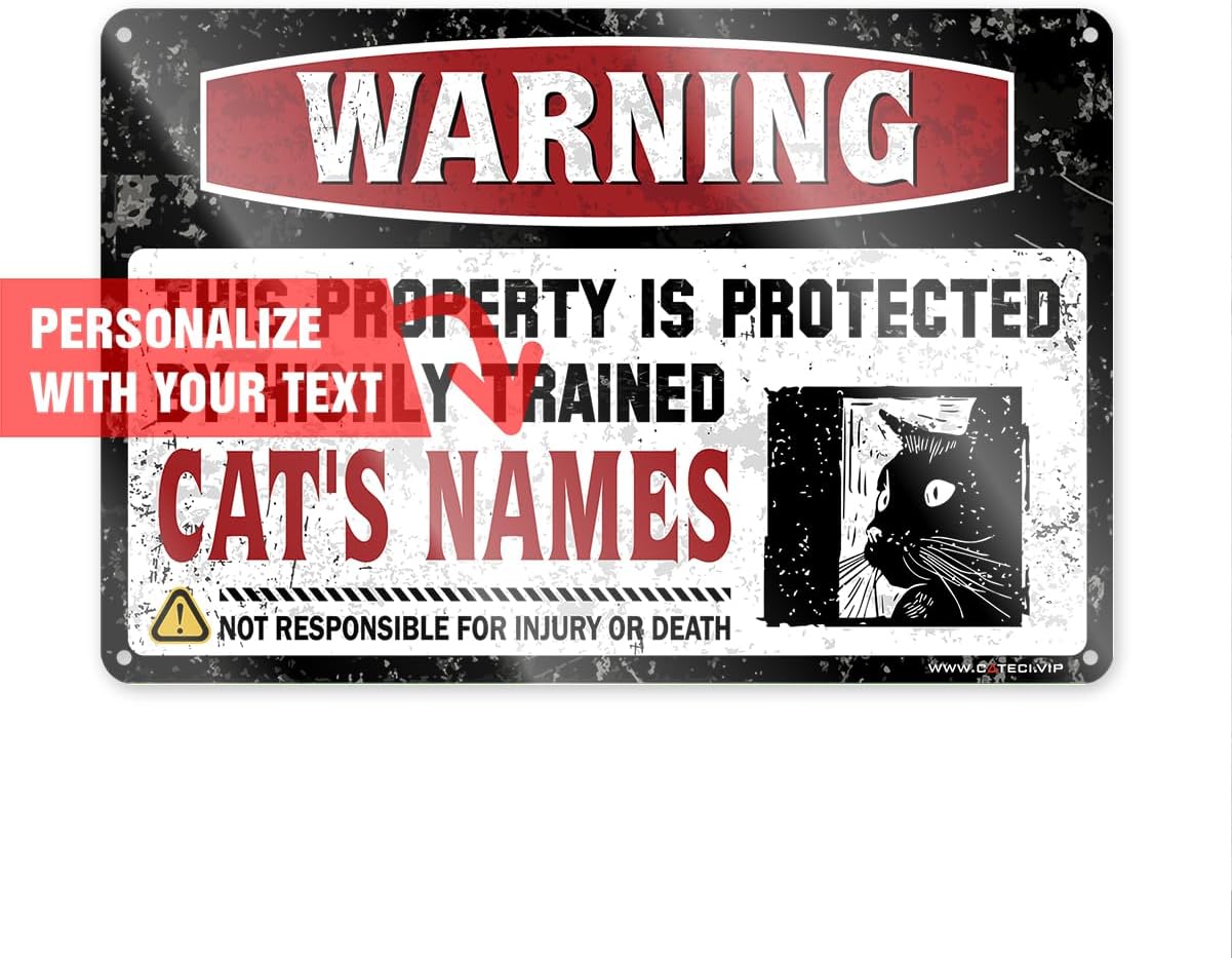 Custom Warning – Property Protected by Highly Trained Your Cat's Name Sticker 3x5in – Personalized Funny Cat Decal for Laptop, Water Bottle, Yard, Fence – Gift for Cat Lovers