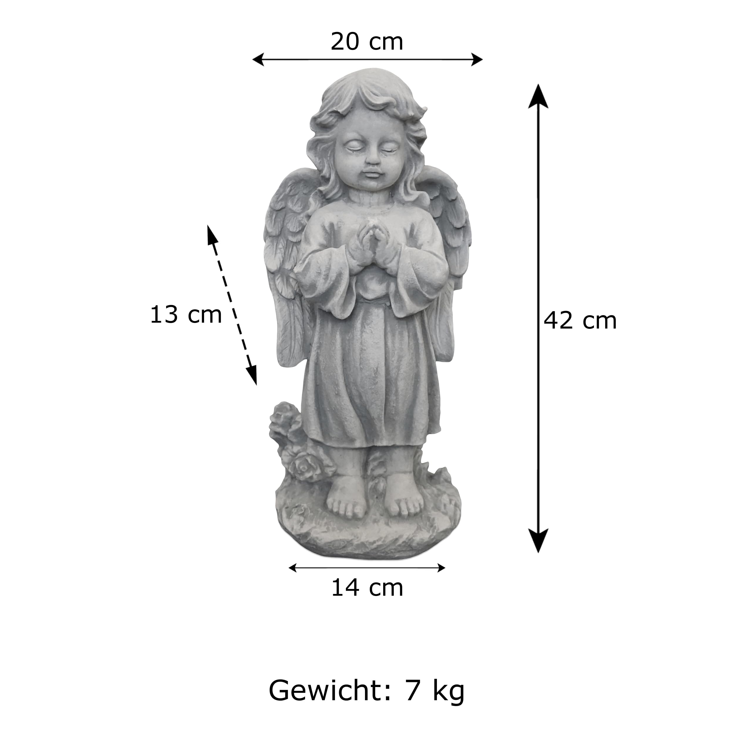 gartendekoparadies.de Engel stehend, Steinfigur H. 42 cm, 7 kg, Grau, frostsicher aus Steinguss für Außenbereich