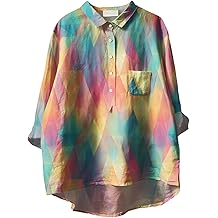 Womens Button Down Shirts Geometric Printed Women's Long Sleeve Blouses Collared Shirt with Pocket Outfits