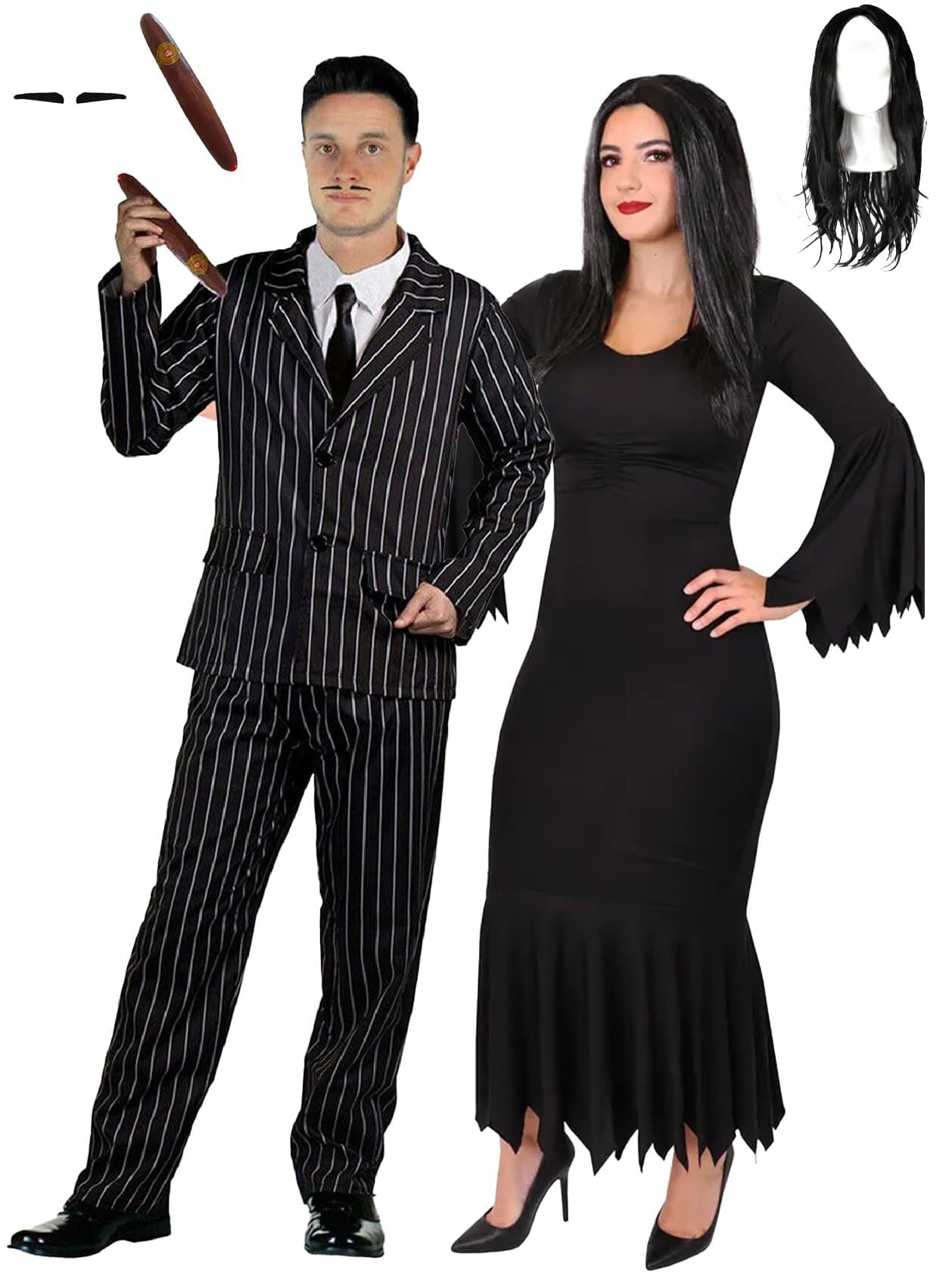 LOVETRENDS Adults Halloween Couples Costume - Pinstripe Suit Jacket & Trousers, Spiv Tash and Cigar, Ragged Black Dress and Long Black Wig - Adults Deluxe Couples Halloween Fancy Dress Costume
