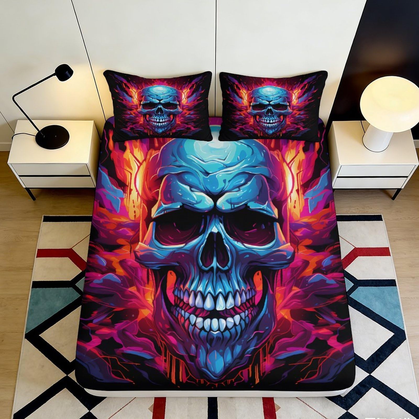 Pnayamiorkfel Style-5 3D Printed Flaming Skull Fitted Sheet Microfiber Black Red Abstract Mattress Cover For Bedroom Dorm Easy Care Decor 90X200x25cm