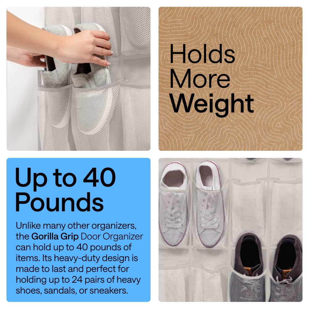 Gorilla Grip Organizer per scarpe sopra la porta, 24 grandi tasche in rete traspirante, salvaspazio, da appendere, per armadio, può contenere fino a 18 kg, si appende agli armadi per scarpe,