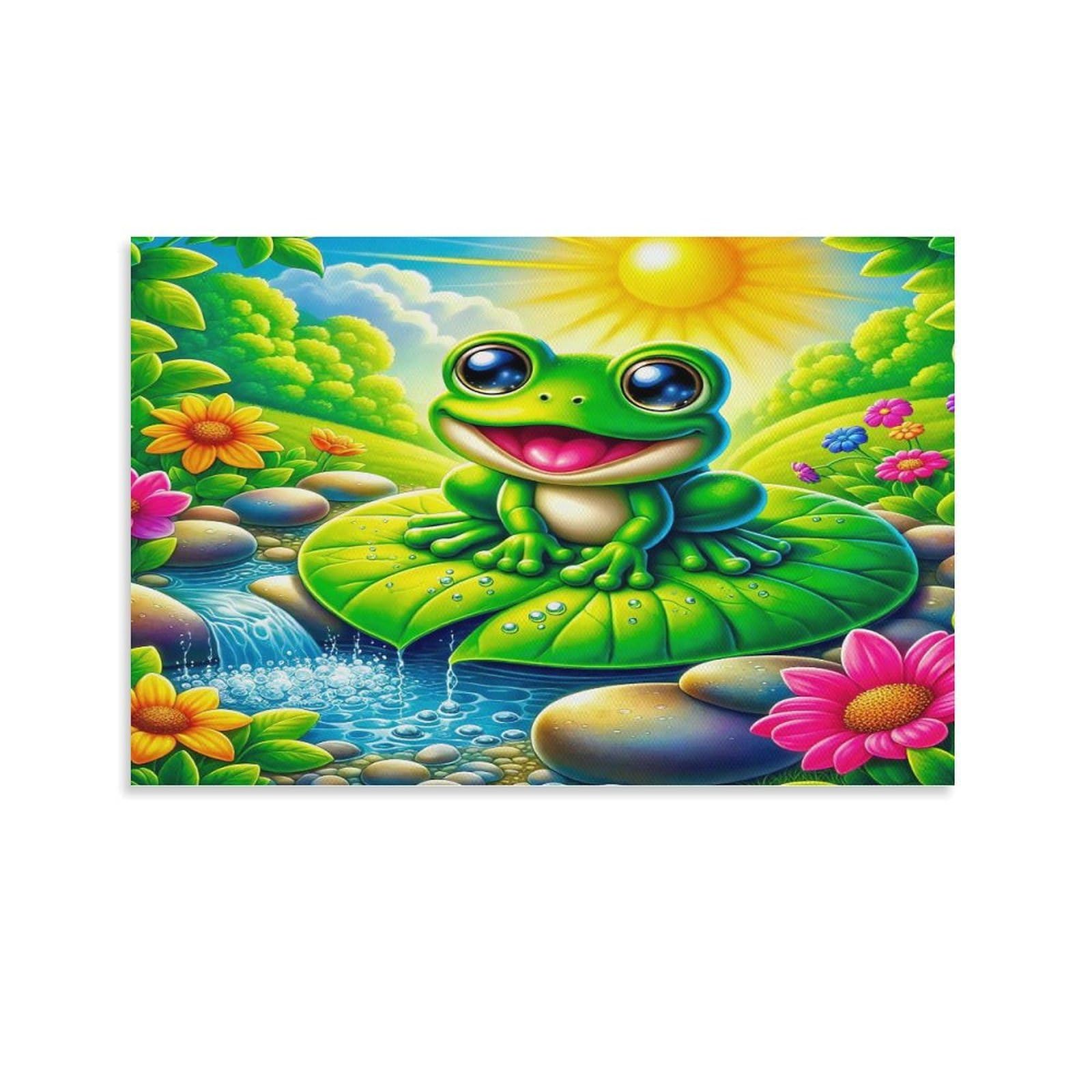 CPLVKWRQJ Cute Frog Holding Heart Single Frog Stream Sunflowers Canvas Art - Gift for Him/Her Kitchen Canvas Wall Decor Removable Ready to Hang 20x30inch(50x75cm)