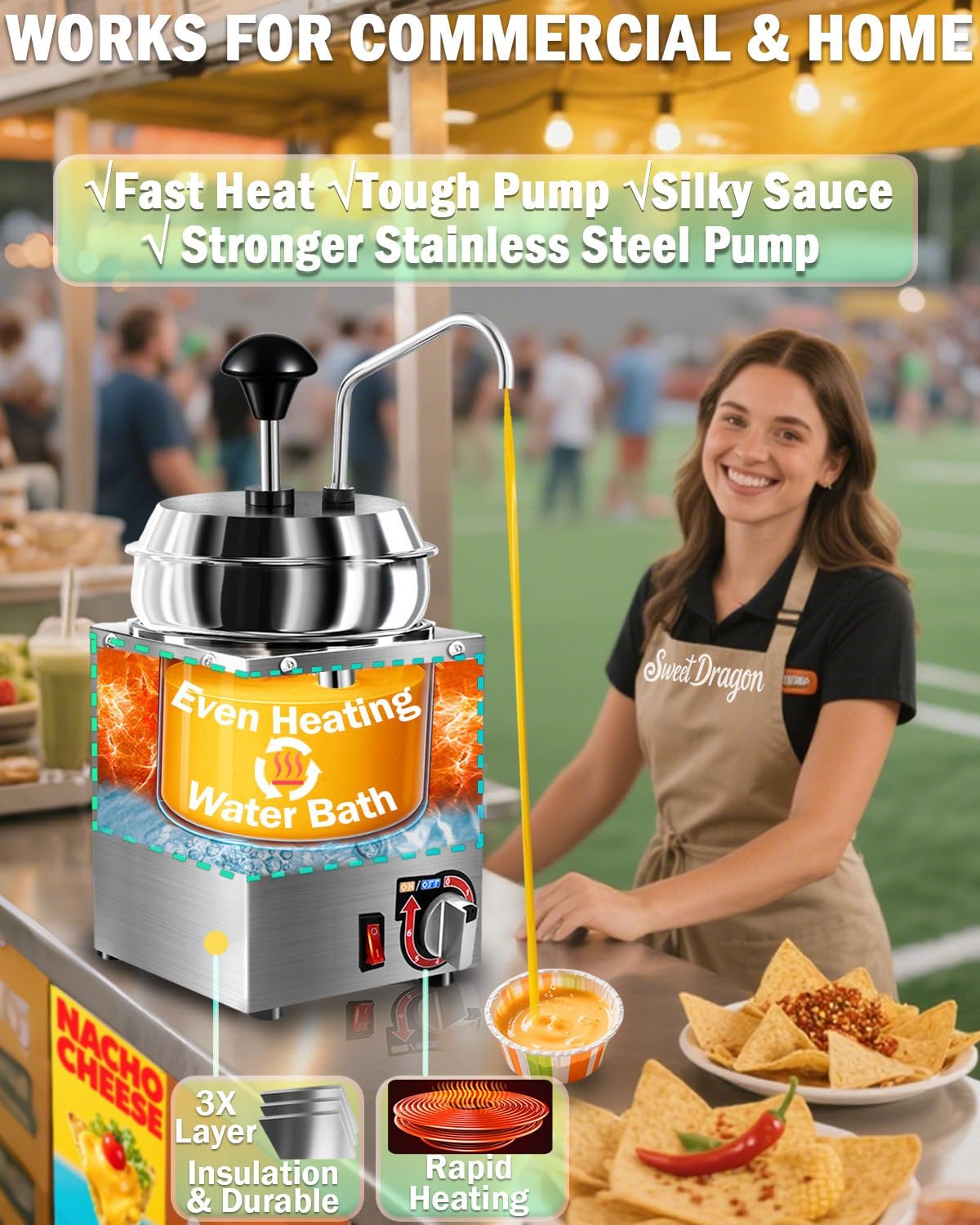 Nacho Cheese Dispenser, 7.4Qt Nacho Cheese Warmer with Stainless Steel Pump, Hot Fudge Warmer with 6-Level Temperature Adjustment, Commercial Sauce Dispenser Machine for Butter Cheese Caramel Syrup
