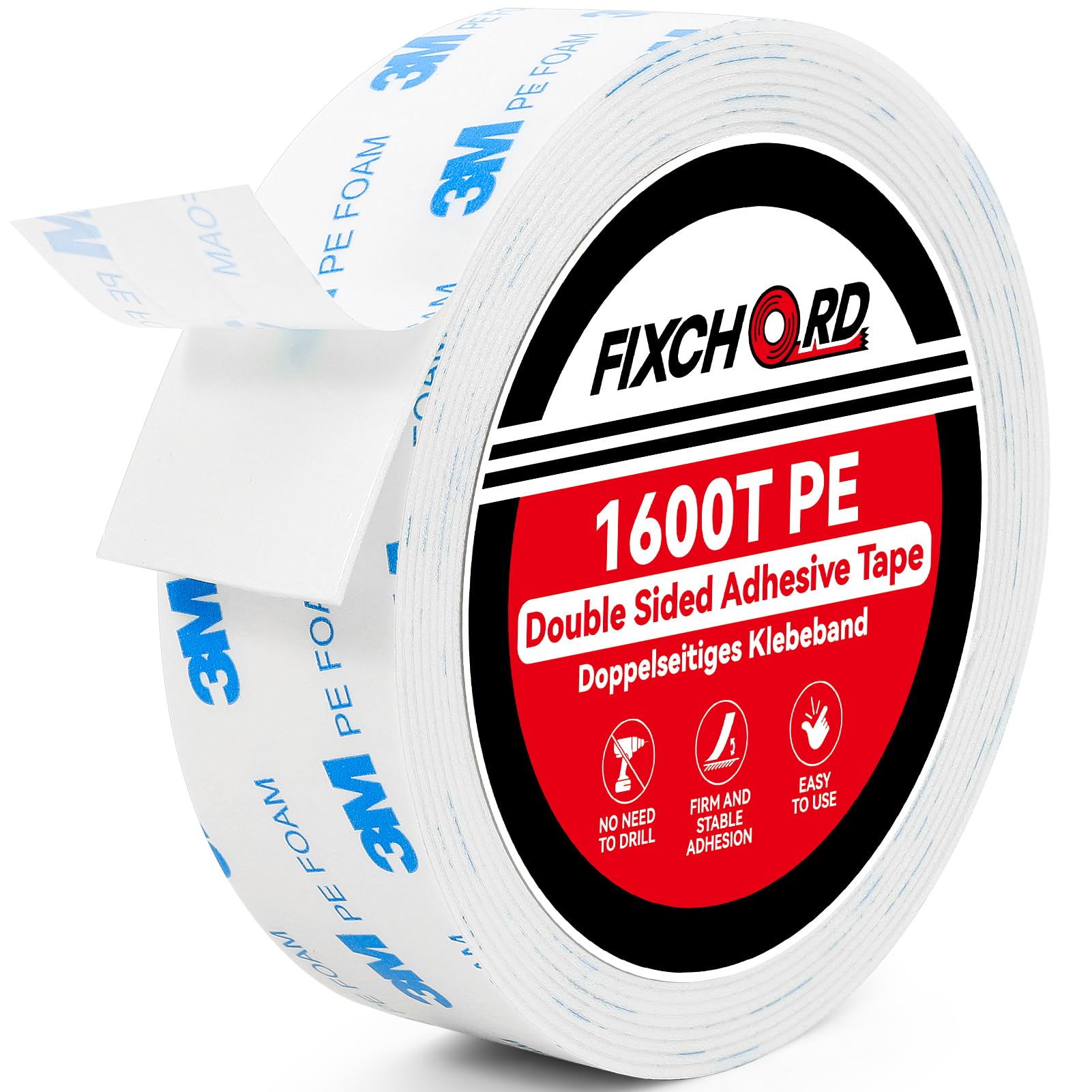 Double Sided Tape Heavy Duty, 30mm × 3m Double Sided Mounting Tape, 1600T PE - Extra Strong Sticky Foam Tape, Waterproof Mounting Adhesive Tape for LED Strip Lights, Home, Office & School Decor