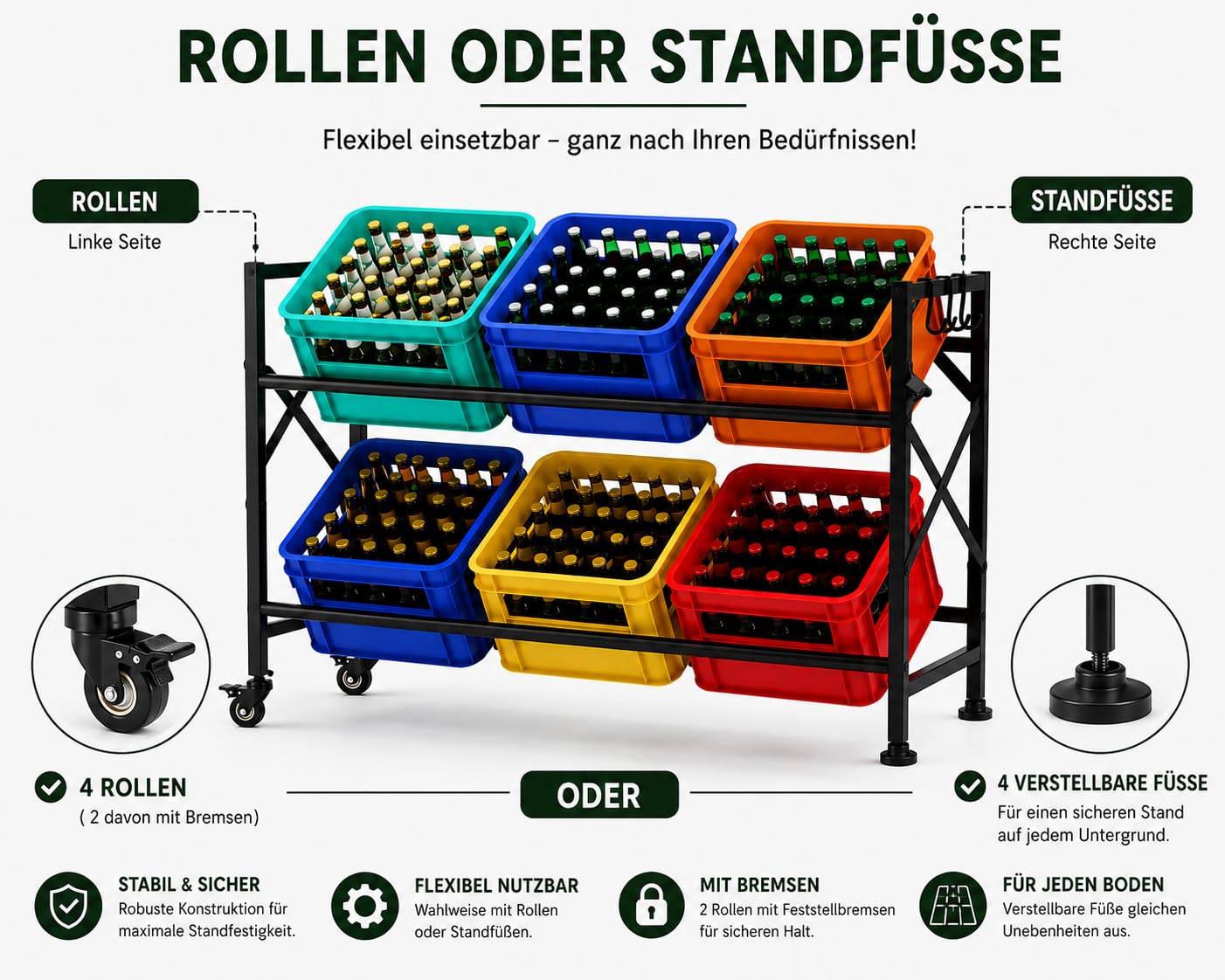 Getränkekistenregal für 6 Kisten mit Rollen – Extrem Stabiles Metallregal, 250kg Tragkraft – Wasserkistenregal & Bierkistenregal für Küche, Keller & Speisekammer