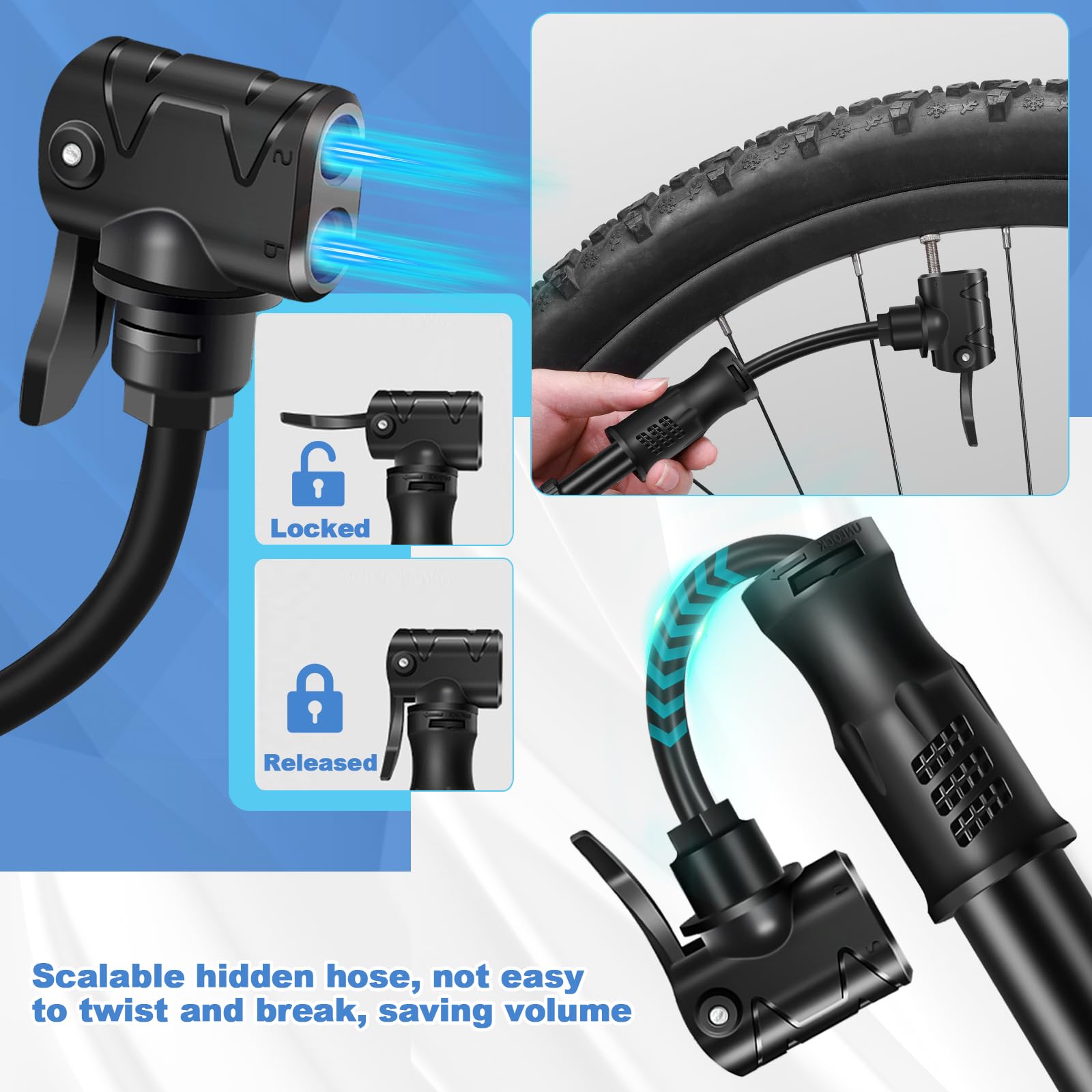 Pompa per Bicicletta, Pompa Bici con Tubo Nascosto, 100 PSI Pompa Bicicletta Universale Adatta per Valvola Presta Schrader, Portatile Pompa Bici per Corsa, Strada, MTB, Biciclette Bambini