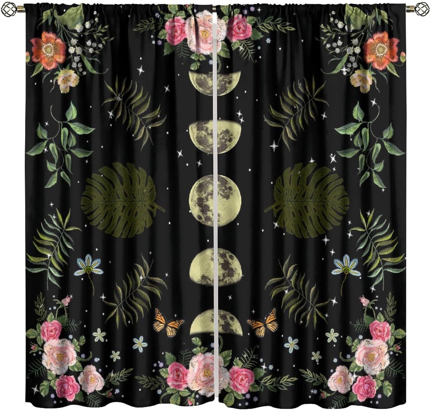 Moon Phase Blackout Window Curtain，Moonlit Goth Gothic Witch Witchy Celestial with Butterfly Floral Leaves Mysticism for Home Kitchen Livingroom Coffee Room Window Curtain 2Panel 42"W X 45"L