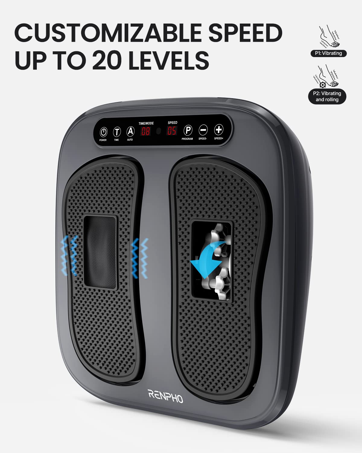 RENPHO Massaggiatore per piedi vibrante e rotante, Massaggiatore elettrico Shiatsu per piedi con digitopressione, Pannello touch, 2 programmi, 3 modalità automatiche