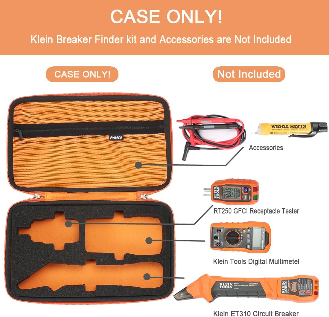 raiace hard travel storage case compatible with klein tools et310 ac circuit breaker, finder & 80041 outlet repair tool kit & rt250 gfci receptacle tester. home tester kit bag. (case only) - orange