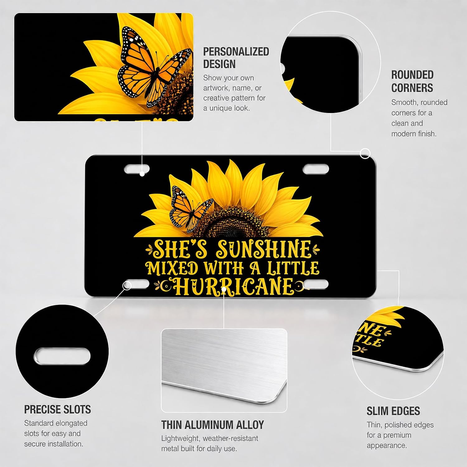 Front License Plate Aluminum Metal Decorative Car Vanity Tag Cover Funny Cute Novelty 6"x12" with 4 Holes for Trucks SUVs Cars,Sunflower Butterfly Sunshine image 3