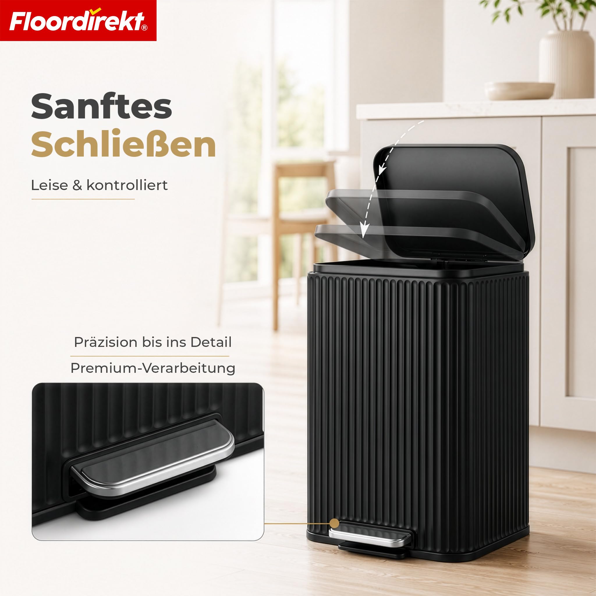 Floordirekt Mülleimer Küche, Liter, Abfalleimer, Treteimer, mit Deckel, Softclose, Fußpedal, Stahl, Inneneimer | Miles | Schwarz | 50 L