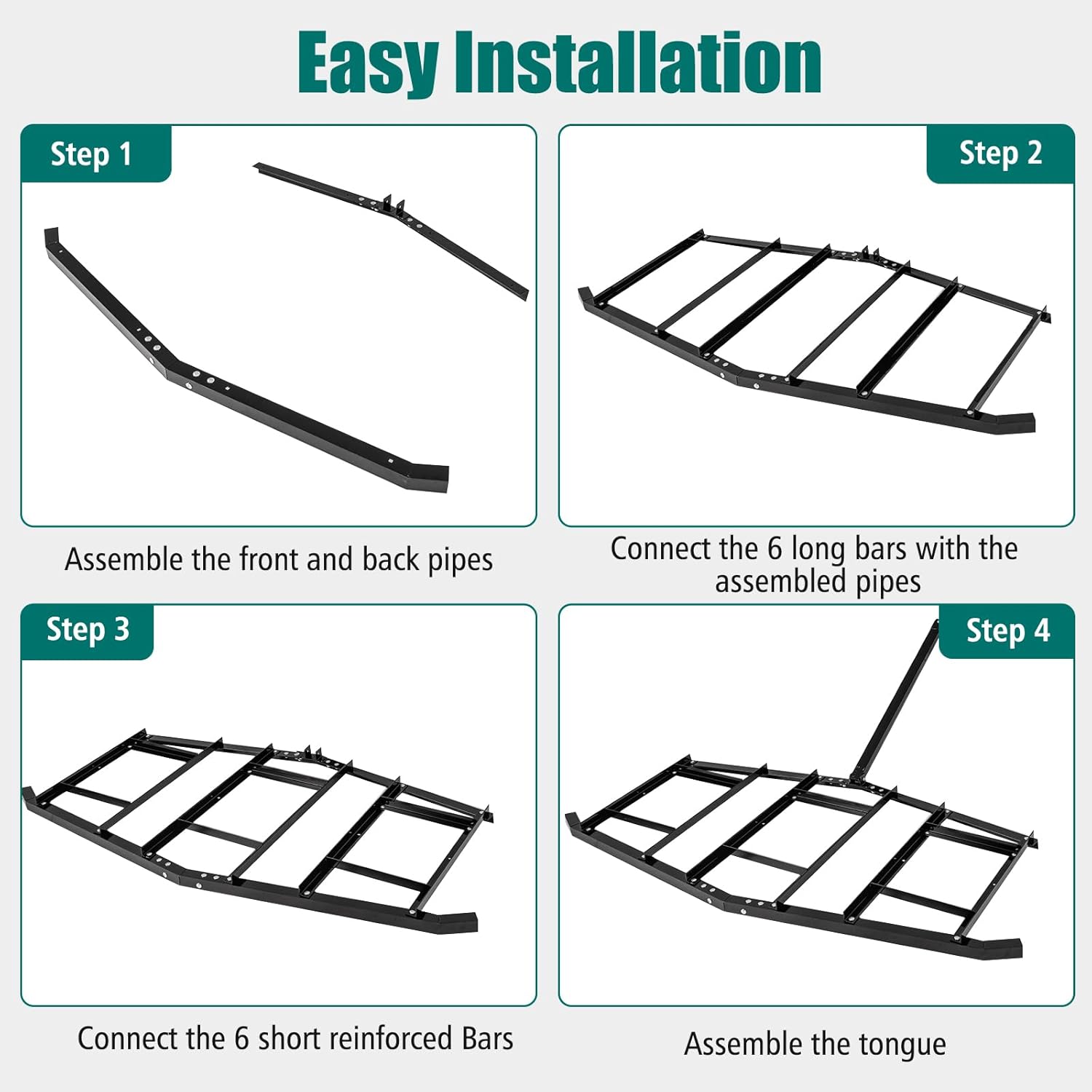DREAMADE Driveway Drag Harrow, Tow Behind Drag Harrow with Powder-Coated Iron, Adjustable Bars Multi-Part Reinforced Design, Driveway Drag for ATVs, UTVs, Tractor, Mower, Black (84")