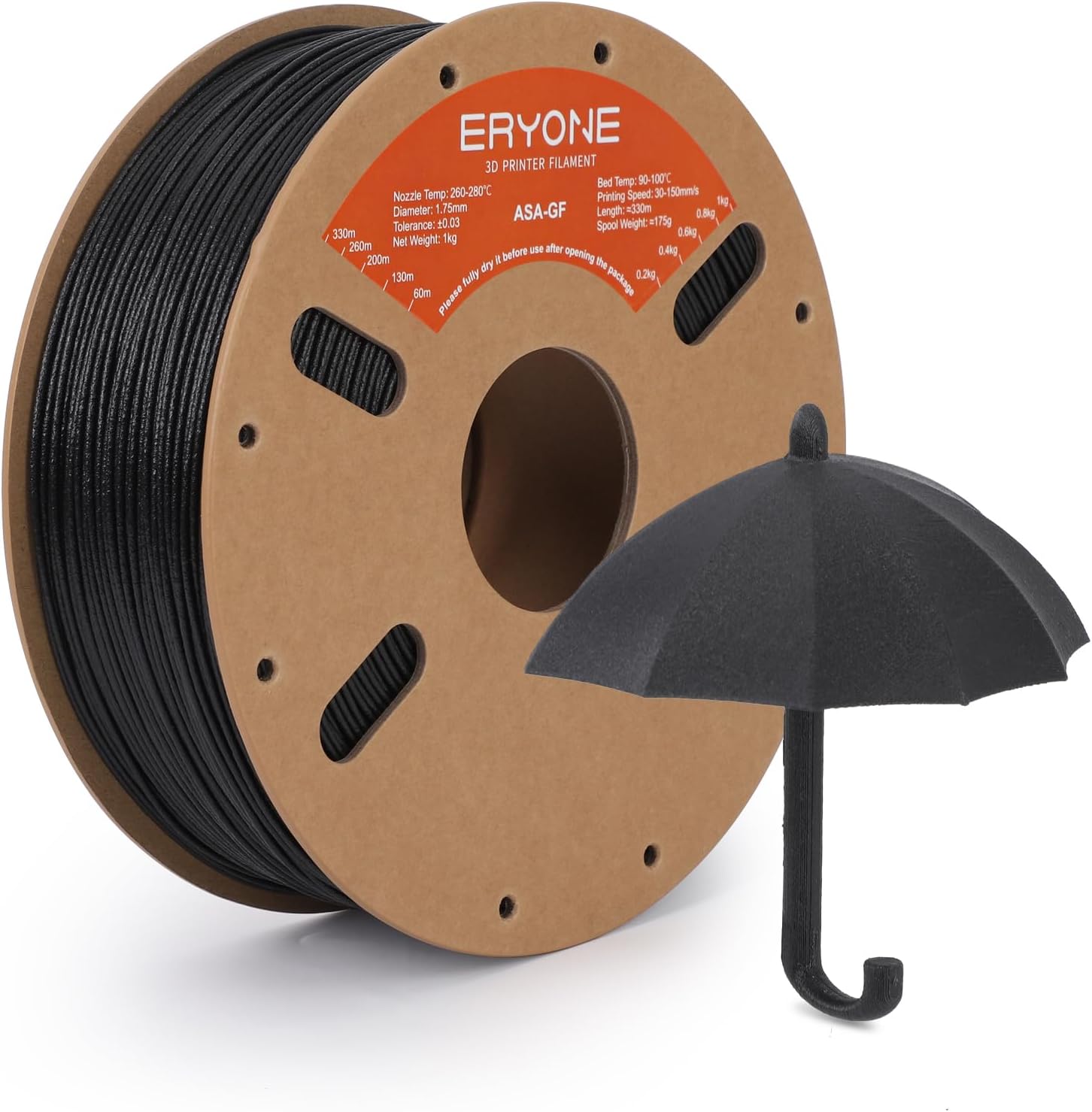 ERYONE Glass Fiber ASA Filament1.75mm UV&Weather Resistant, ASA GF 3D Printing Filament Perfect for Printing Outdoor Functional Parts, 1kg (2.2 lbs)/Spool, Black
