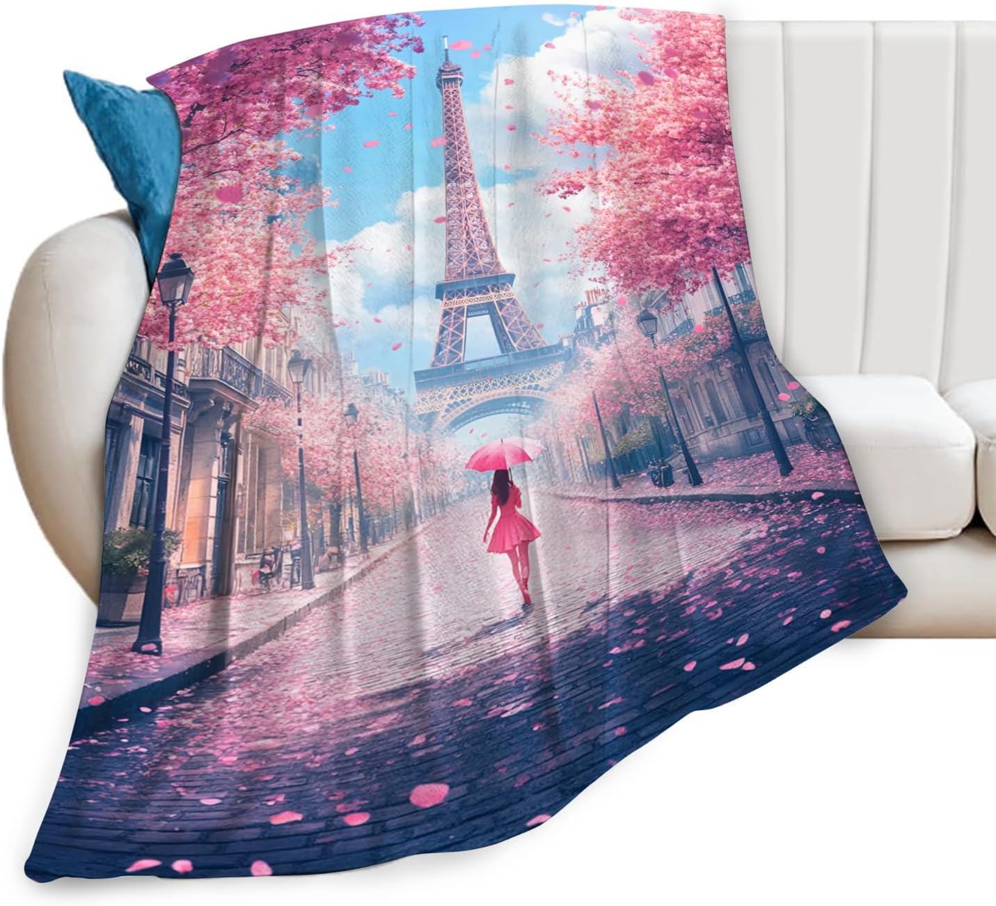 Eiffel Tower Blanket Gifts for Girls Boys Romantic Paris Theme Fleece Blankets Soft Warm Fuzzy Pink Cherry Blossom Throw Cozy Flannel Plush Stuff Throws for Kids Men Women Bed Couch Decor 50"x40"