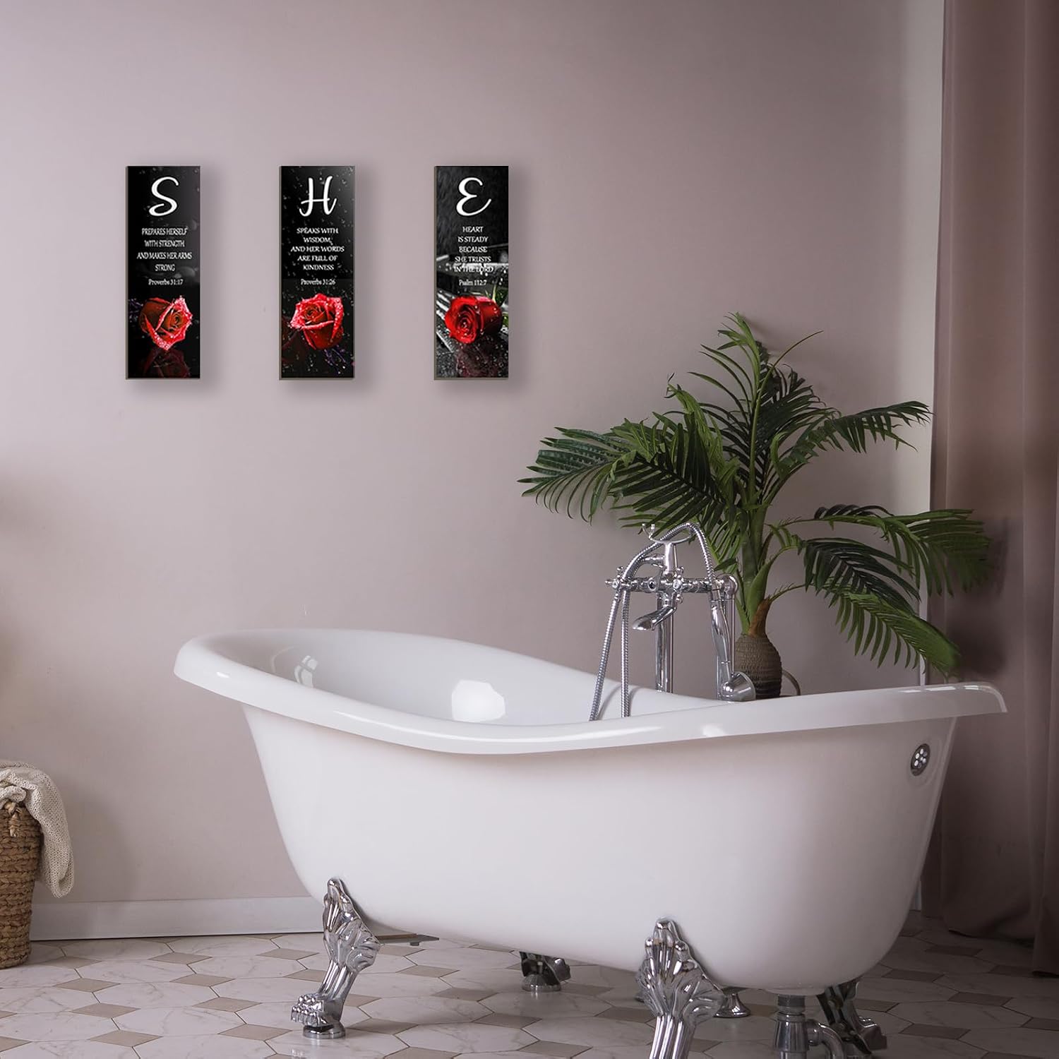 3 Pieces Red Bedroom Decor Red Rose Women Bedroom Wooden Red Bathroom Inspirational Office Decor With SHE Religious Words Signs For Women Kitchen Home(Red Rose 12x4Inch) image 5