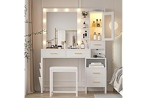 White Vanity Table and Chair Set with Mirror and Lights