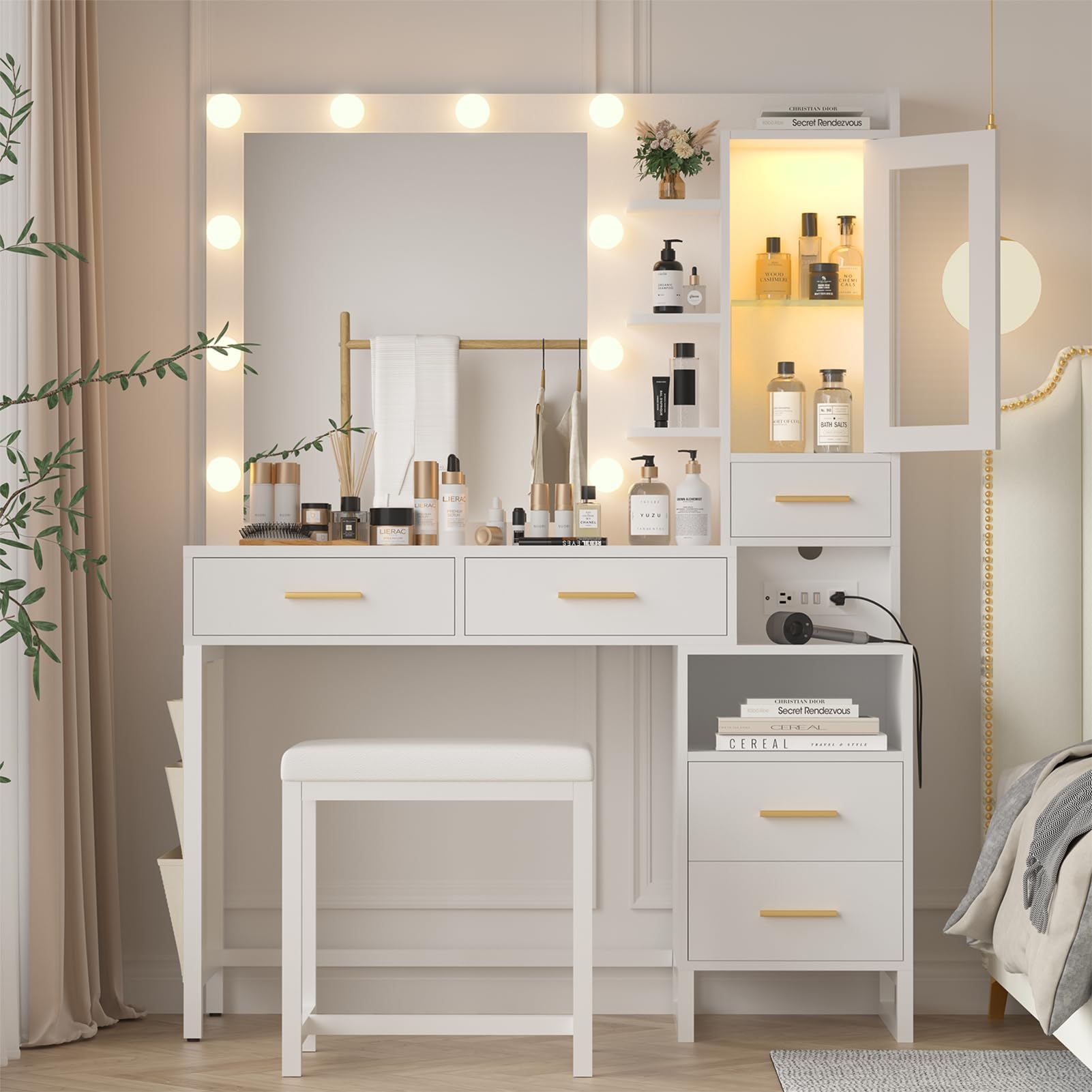 White Vanity Desk with Lighted Mirror and Chair, Makeup Vanity with Charging Station, 5 Drawers Vanity Table Set with LED Cabinet & Storage Bag, Makeup Dressing Table for Girls Women